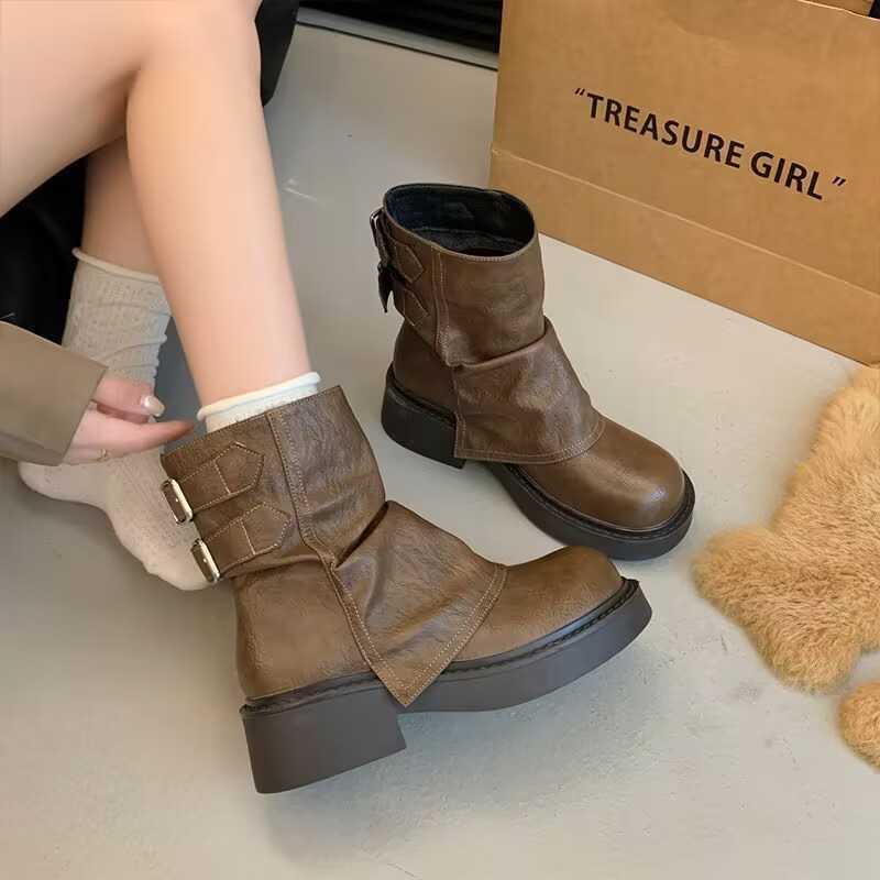 Vintage Ladd Heaps Ankle Boots 2024 new autumn/winter platform boots women's brown trousers denim with Martens bootsC241125