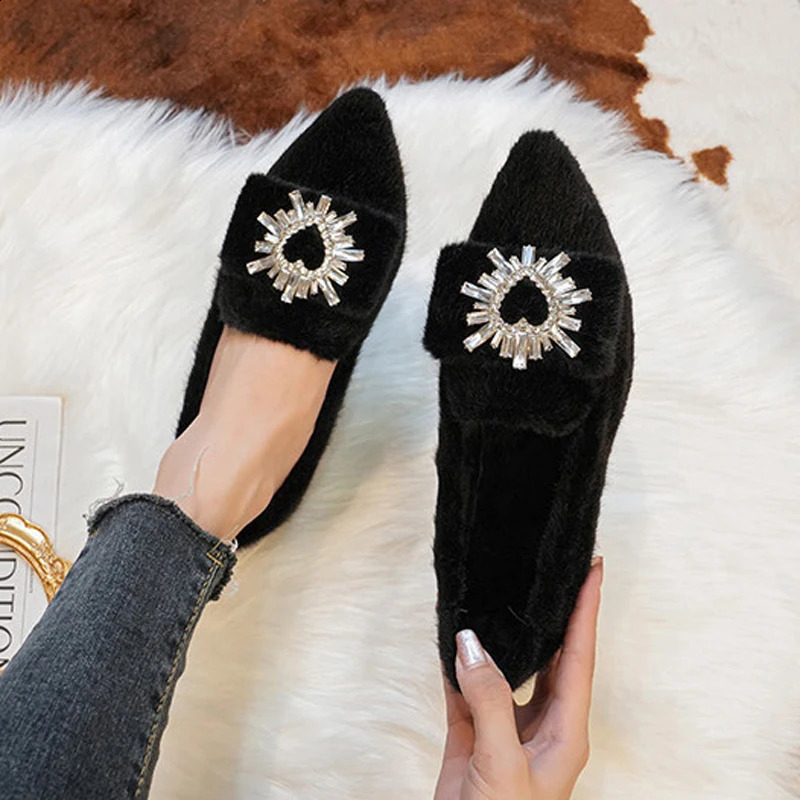 Shoes Woman Plush Fur Winter Cotton Wool Ballets Pointy Toe Boat Loafers Ladies Fluffuy Mink Furry Flats 241225