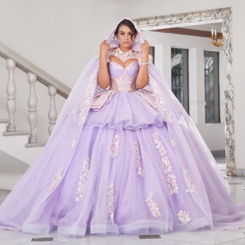 Lilac Quinceanera Dresses Ball Gown Off The Shoulder Applique Lace Beading Tull With Cape Party Birthday Sweet 16 Vestido De 15 Anos