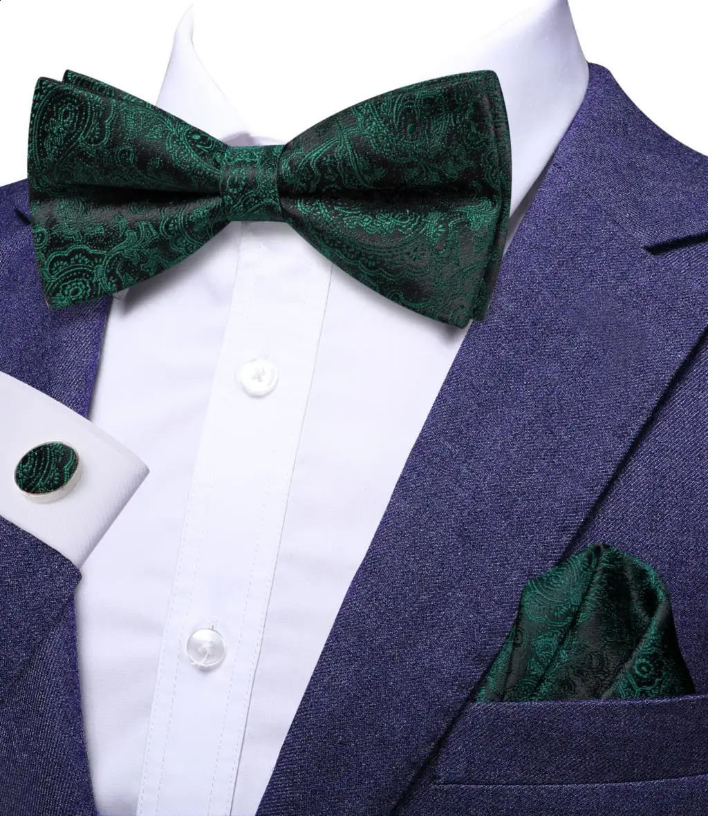 Hi-Tie Jacquard Paisley Dark Green Bowtie for Men Silk Butterfly Tie Bow Tie Hanky Cufflinks Wedding Party Gift Bowtie Wholesale 241230
