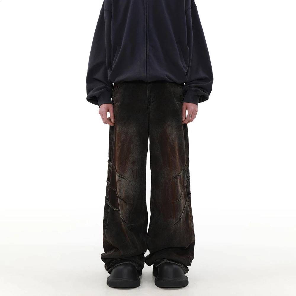 Vintage Jeans Men Baggy Wide Leg Brown Trousers Y2k Fashion Original Casual Summer Plus Size Streetwear Loose Denim Pants 241230