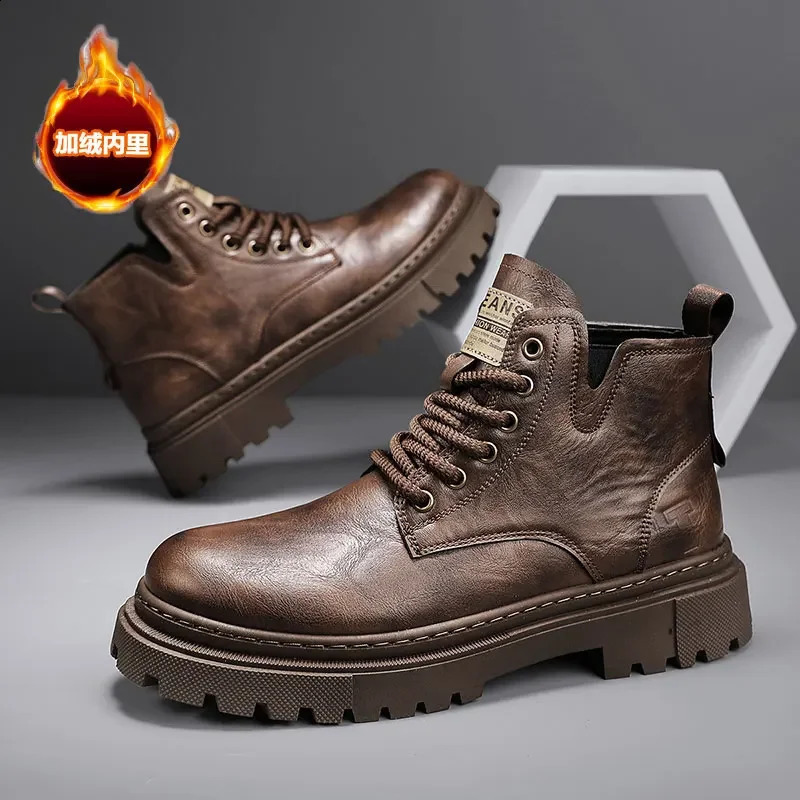 Mens Boots Low-top Motorcycle Boot Casual Leather Work Shoes Men Short Velvet Warm Non-slip Waterproof Trendy Mens Shoe 241231