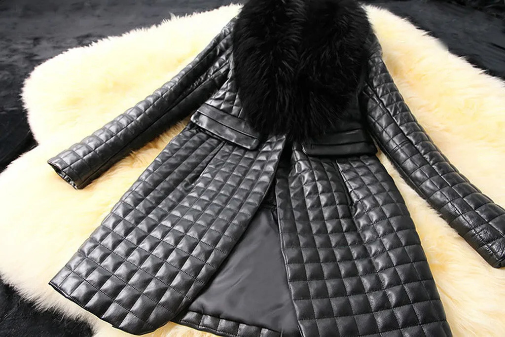 Pu Leather Autumn Winter Mid Length Loose Black Quilted Warm Soft Jacket Coat Women With Faux Fur Trim European Fashion 241223