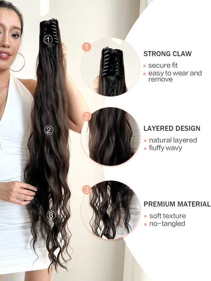 Ponytail long natural wavy 32 inch heat-resistant fiber synthetic hair suitable for daily use at womens parties W241230