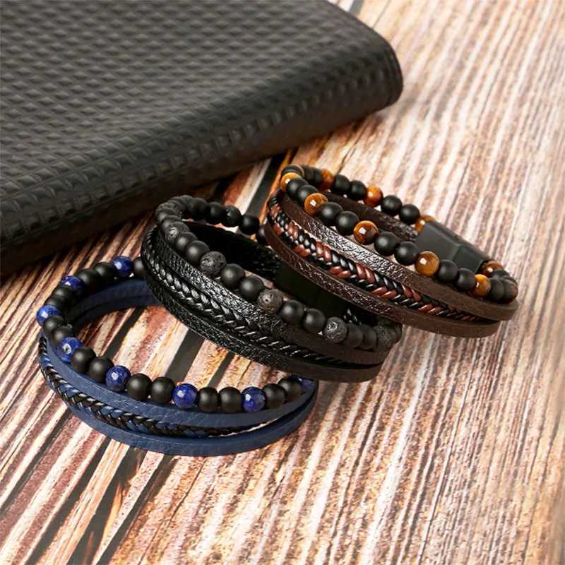 High quality leather bracelets for men classic and fashionable tiger eye beads multi-layer leather bracelets for men charming jewelry gifts W241231