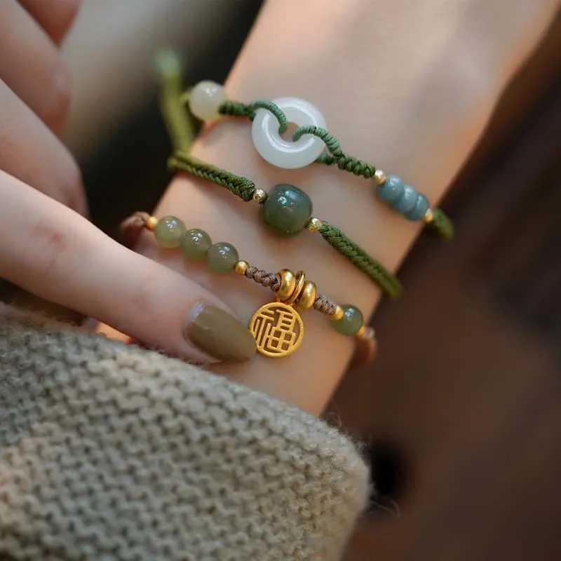 New Chinese Style Hetian Jade Pearl Bracelet Womens Retro Simple Woven Rope Adjustable Charm Bracelet Jewelry Gift W241231