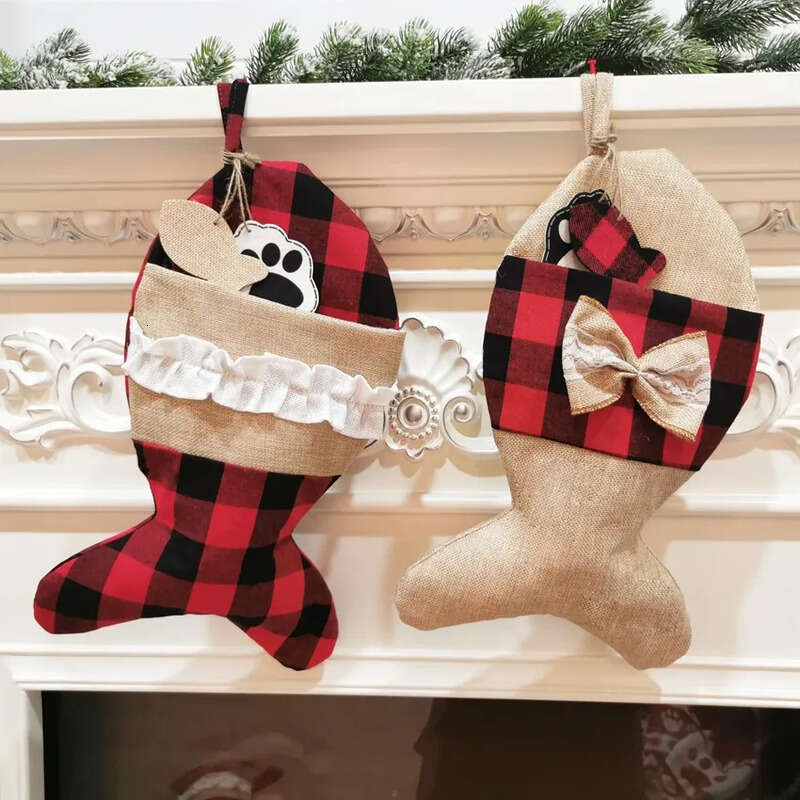 Decoration Stockings Plaid Soc Pet Sock Gift Bag Christmas Tree Decor