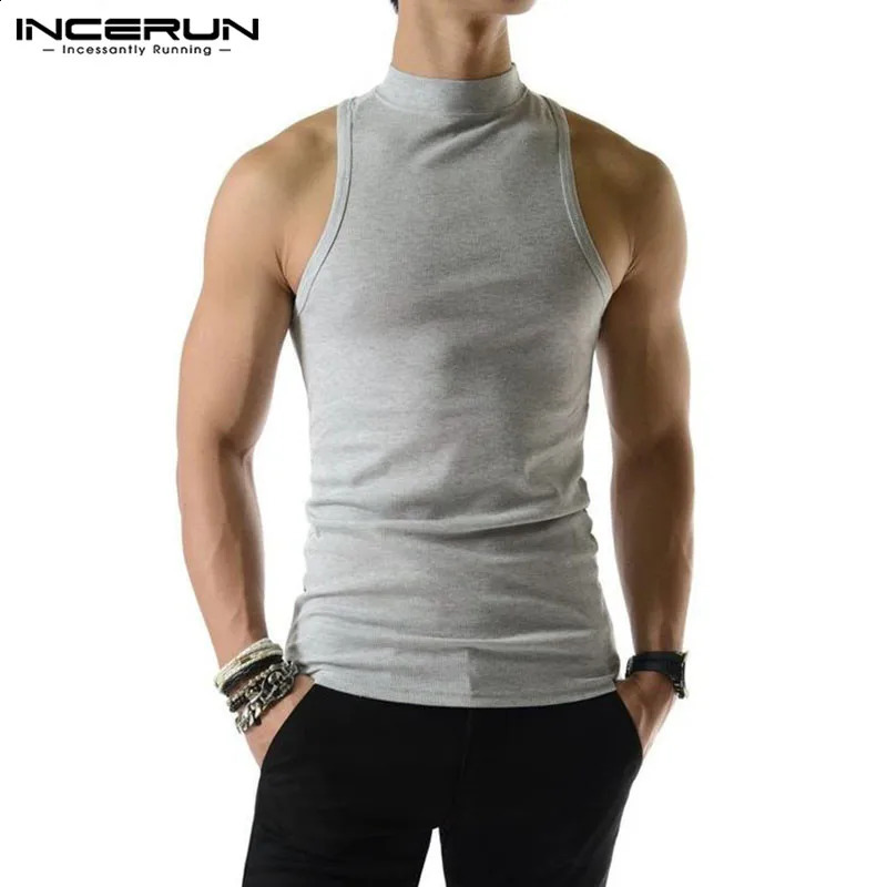Men Tank Tops Turtleneck Sleeveless Knitted Casual Vests Summer Streetwear Solid Color Fashion Men Clothing INCERUN S-5XL 241230