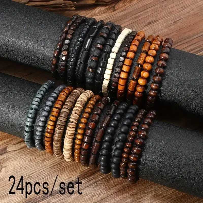 24 pieces/set mens retro Tren multi-layer bracelet set Versatile Elastic Thread wooden bead bracelet W241231