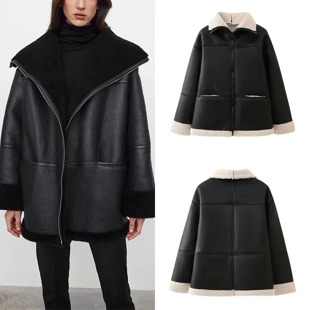 2024 Tref Thick Leather Jacket Women Clothing Autumn and Winter Large Size Fashion Zipper Lamb Fur Coat Loose 241223