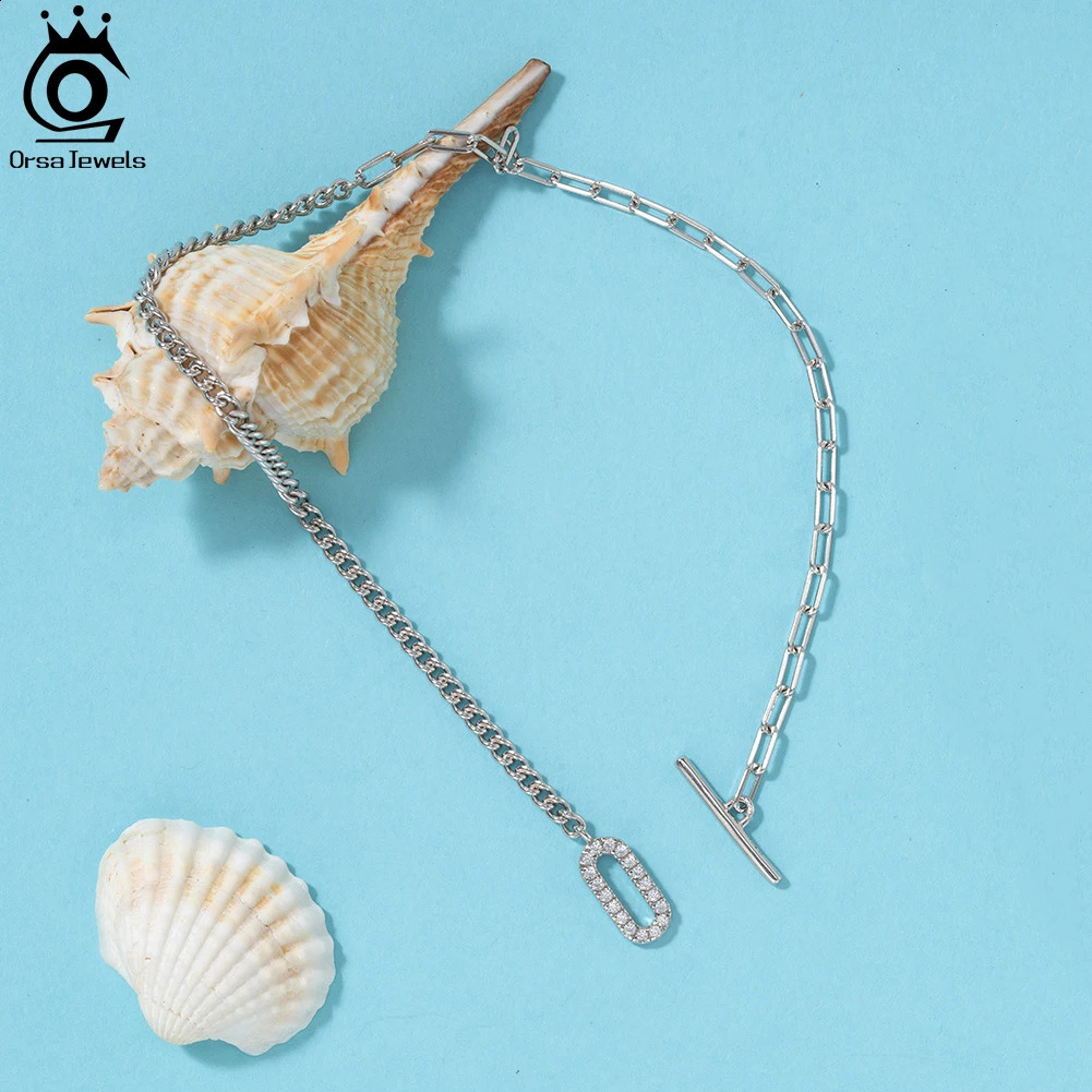 ORSA JEWELS Silver 925 Charm Zircon Foot Chain Side Chain Paperclip Chain Anklets Women Summer CZ Foot Bracelet Jewelry SA62 241226