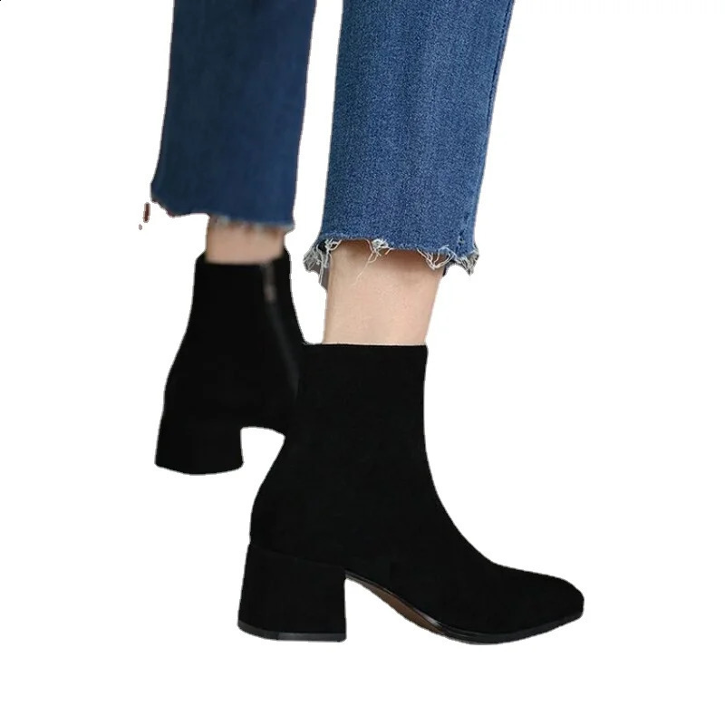 Genuine Leather Boots Retro High Heels Ankle Boots Women Shoes Back Zipper Sheep Suede Handmade Shoes Boots Women 241231