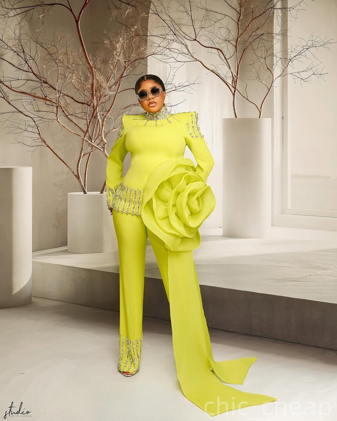 Yellow Mermaid Prom Jumpsuits Dresses 2025 Crystals Flower Satin Evening Formal Party Second Birthday Engagement Gowns Plus Size Dress For Special Occ