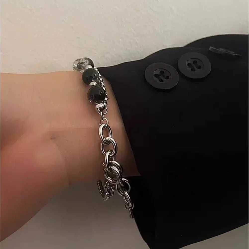 2024 vintage black cracked bead bracelet mens stainless steel double-layer chain fashionable hip-hop jewelry Pulseras W241231