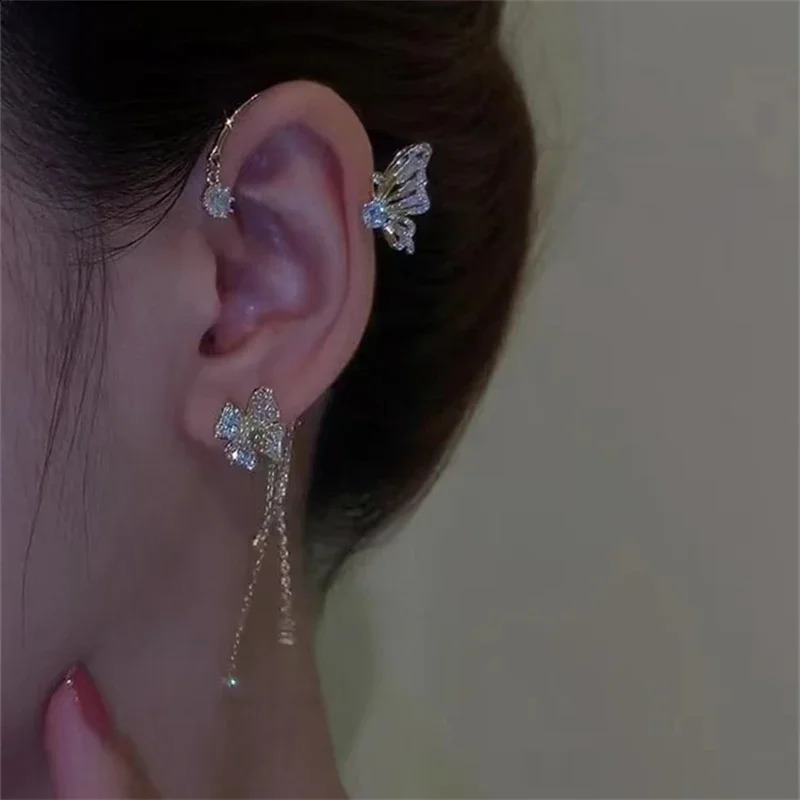 Korean Sparkling Zircon Flower Butterfly Ear Cuff Without Piercing Tassel Clip Earrings for Women Simple Fine Jewelry 241225