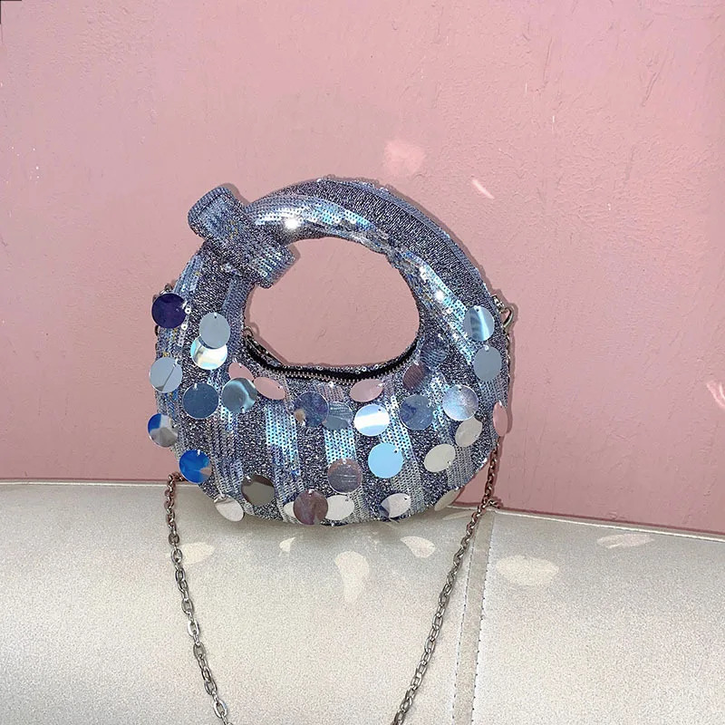 Mini Half moon Evening Clutch Party Bags For Women Handbag 2025 In Fashion Sequins Chain Shoulder Crossbody 241231