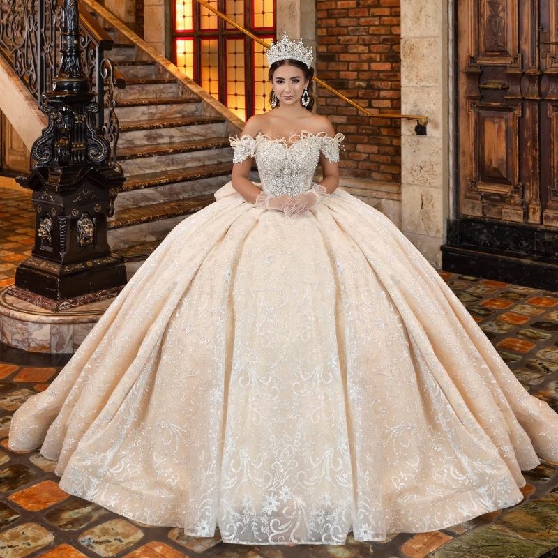 Champagne Quinceanera Dresses Ball Gown Off The Shoulder Sequin Applique Lace Beading Bow Tull Party Birthday Sweet 16 Vestido De 15 Anos