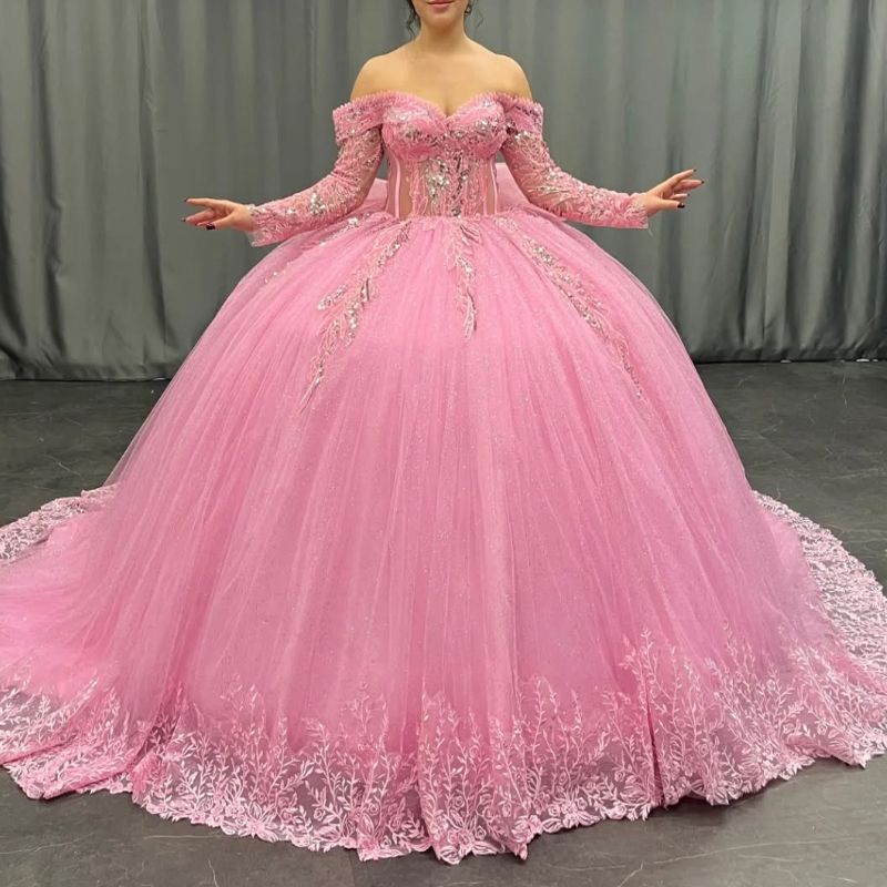 Quinceanera Pink Dresses Ball Gown Off The Shoulder Applique Lace Beading Bow Tull Long Sleeves Party Birthday Sweet Vestido De Anos I