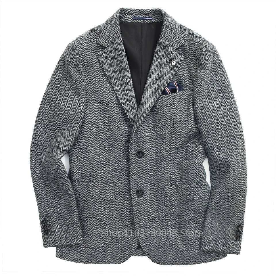 Gray Wool Tweed Winter Suit Blazer Single Breasted Jacket Formal Fashion Notch Lapel Herringbone Coat for WeddingBusiness 241228