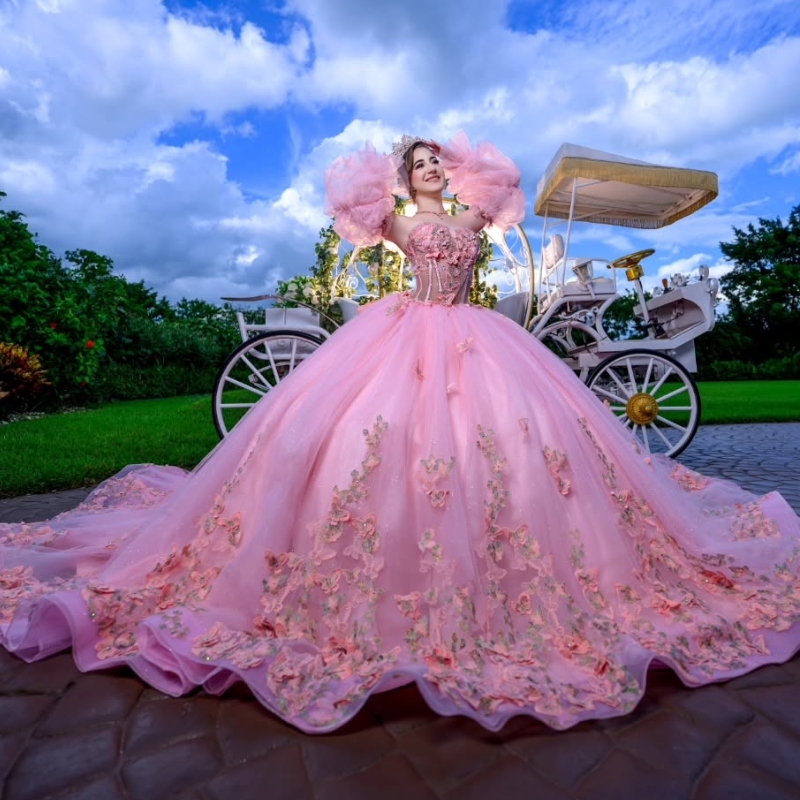 Pink Quinceanera Dresses Ball Gown Off The Shoulder Bow Beads Tull Puff Sleeve Corset Party Birthday Sweet 16 Vestido De 15 Anos