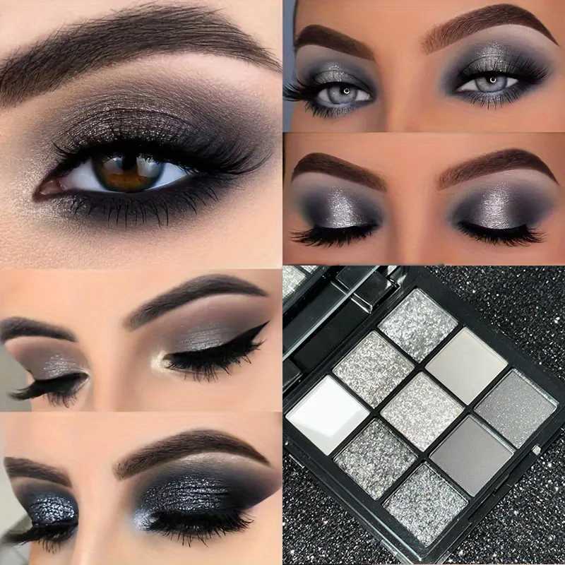 9-color eye shadow palette black gray silver matte finish smoke style party performance makeup W241230