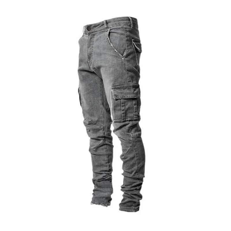 Autumn and winter new mens clothing solid color elastic multi bag tight pants ultra-thin denim cargo pants W241231 - view 5