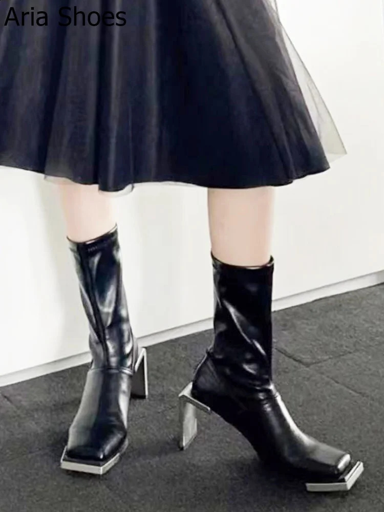 Women Boots Metal Square Toe Square Heel Novelty Fashion Ankle Boots Black Genuine Leather Mid-Calf Boots Winter Shoes 241231