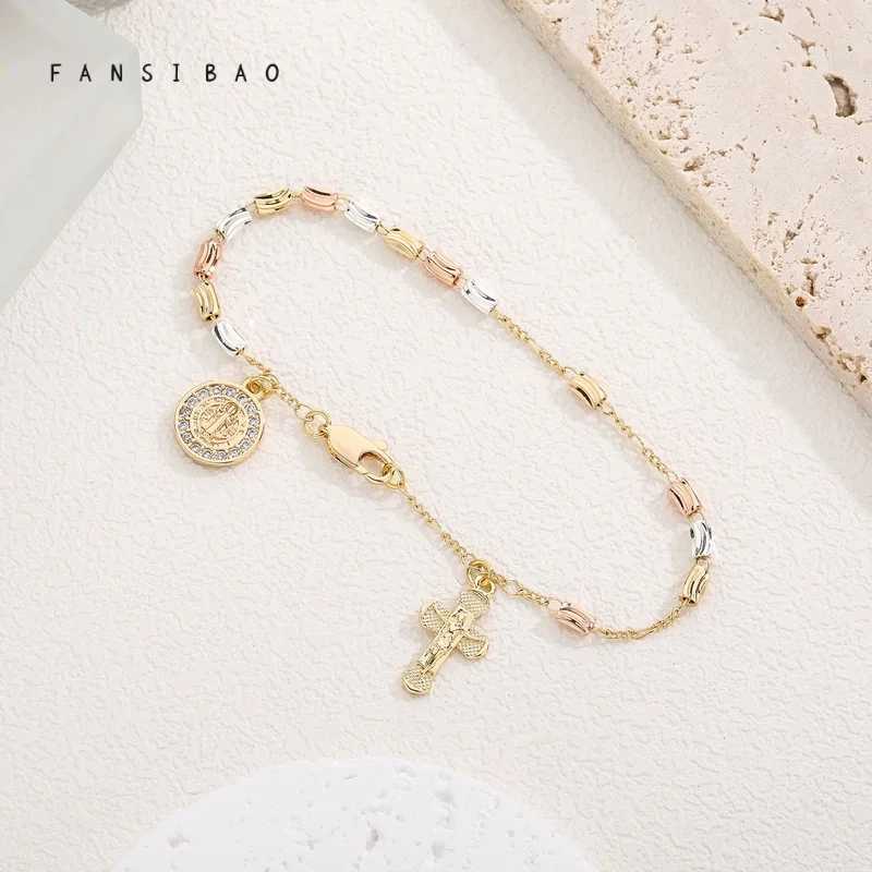 FanSibao Retro Style Virgin Mary Tricolor Prayer Bead Bracelet with Cross Elements Womens Fashion Wrist Jewelry W241231