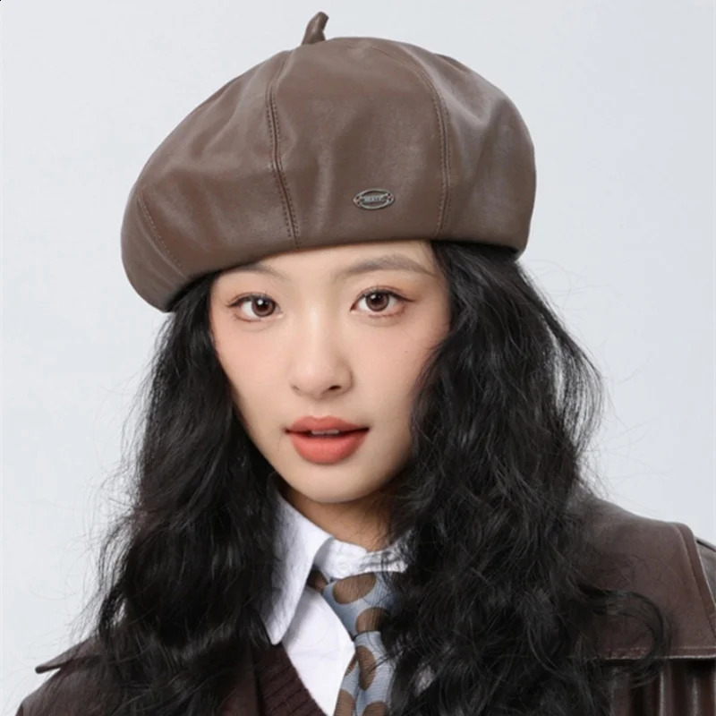 Premium Model PU Octagonal Hat Womens Autumn Winter Beret Retro College English Wind Solid Color Hat 56-58cm 241226