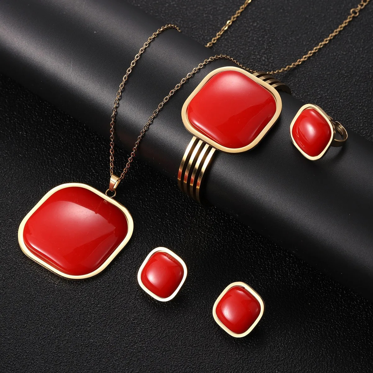 ESALE Fashion and exaggerated steel square pendant necklace bracelet earring ring womens jewelry set 241226