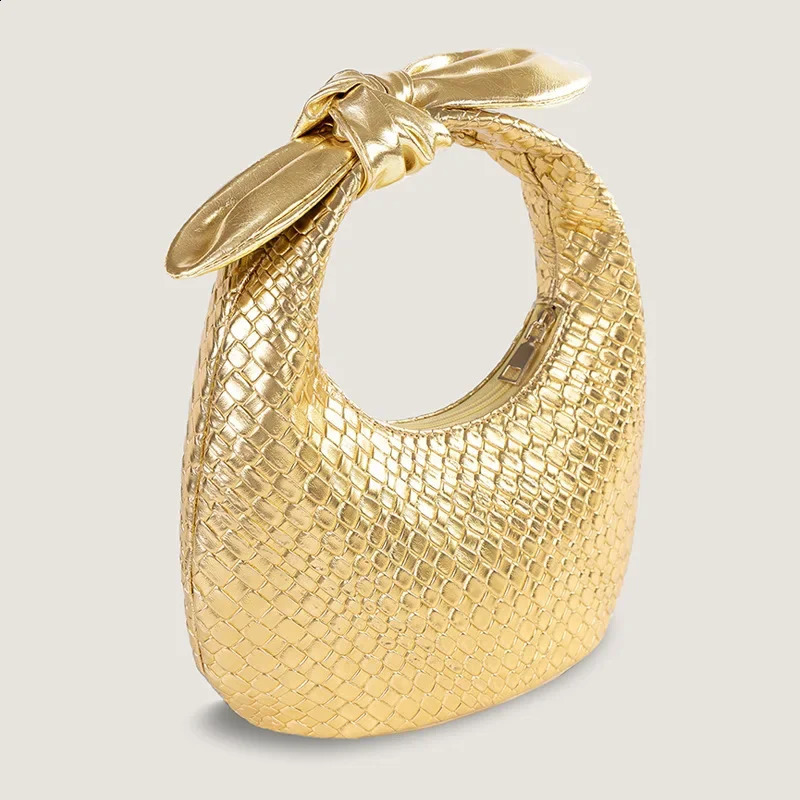 Fashion Gold Woven Pattern Half Moon Bag Bow Womens Dress Evening Clutch Simple Style Female Hobo Bag Bolsa Feminina 241231