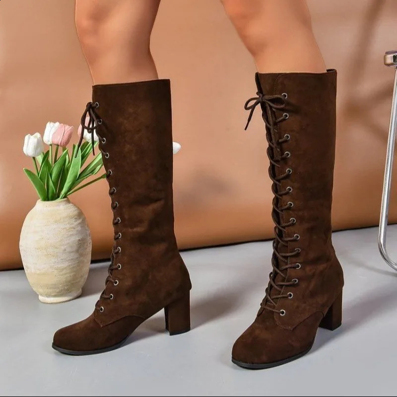 Fashion Woman Boots Woman Lace-up Chelsea Boots Winter Short Knee-high Booties RoundToe Thick Heels Botines Mujer Black Shoes 241231