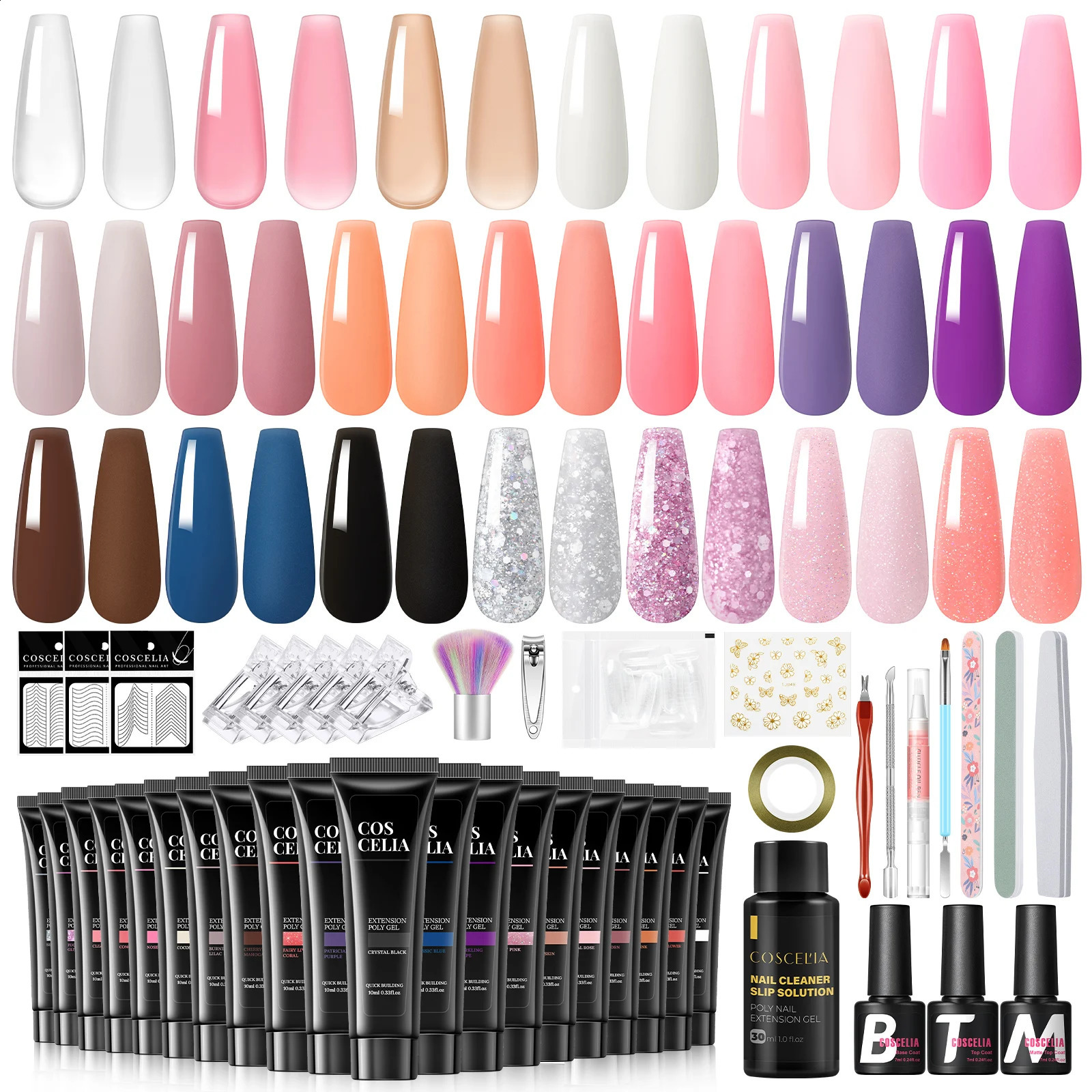 COSCELIA 20PCS Poly Nail Gel Set with 30ML Slip Solution Base Glossy Matte Top Coat with Manicure Decoration for Girls Art Salon 241230