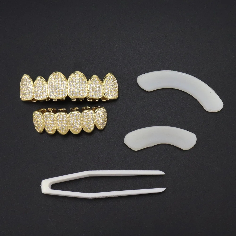 1set Hip Hop Teeth Gold Plated Dental Grills Rock Tooth Caps Crystal Teeth Caps Halloween Tooth 241226