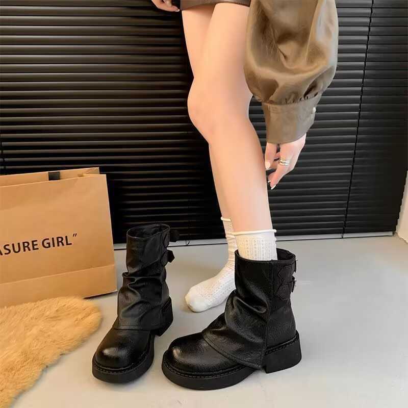Vintage Ladd Heaps Ankle Boots 2024 new autumn/winter platform boots women's brown trousers denim with Martens bootsC241125