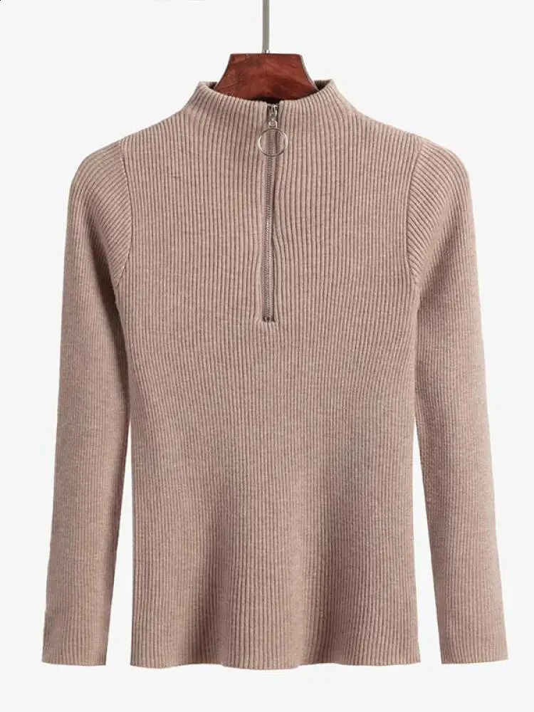 Women Fashion Solid Knitted Sweaters Vintage Long Sleeve Zipup Basic Half Turtleneck Sweater Female Pullovers Chic Casual Tops 241230