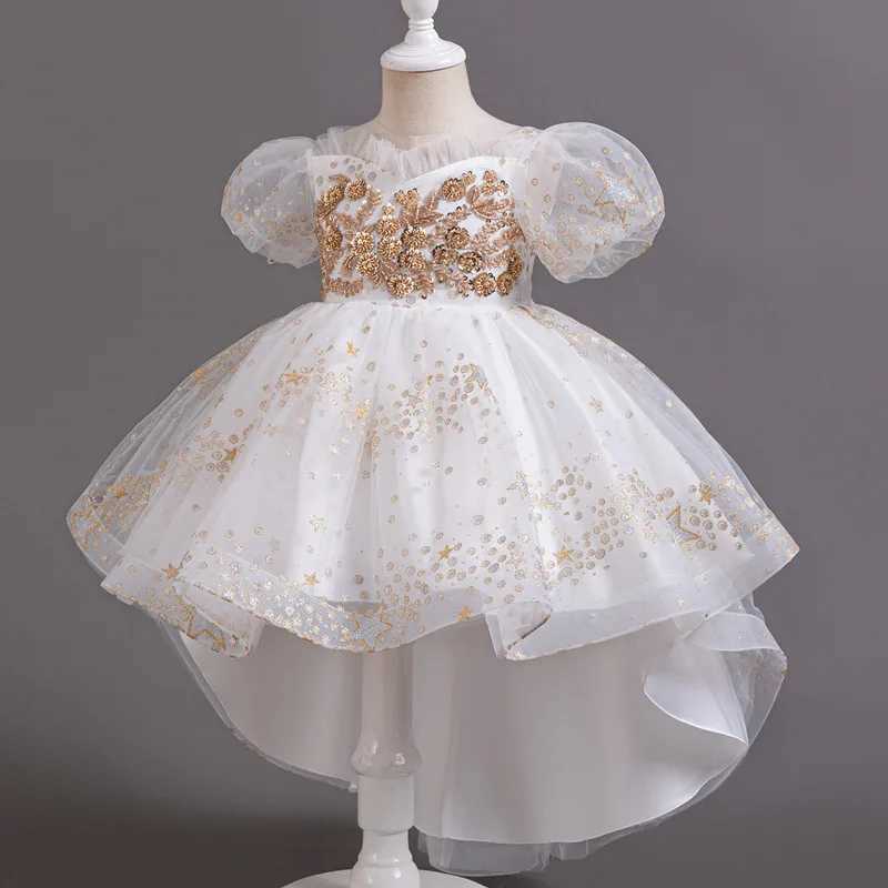 Childrens Christmas Par Dress Girls Carnival Tail Bow Wedding Dress Childrens Elegant Glitter Mesh Princess Dress W241231