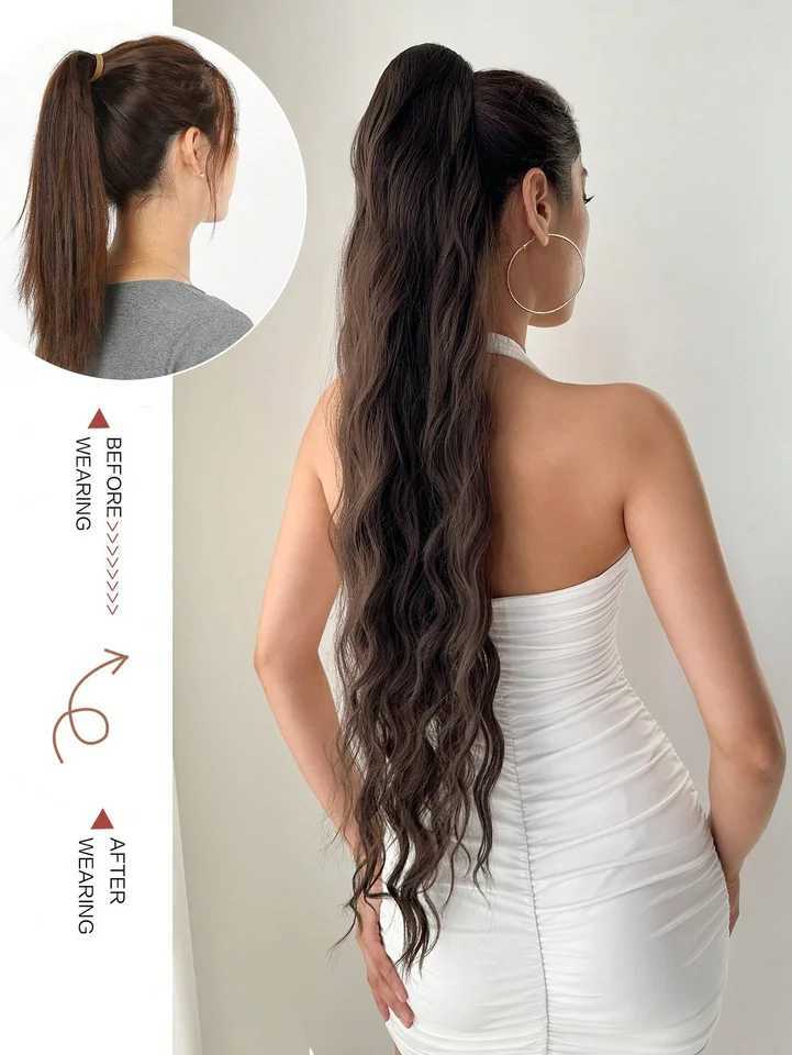 Ponytail long natural wavy 32 inch heat-resistant fiber synthetic hair suitable for daily use at womens parties W241230
