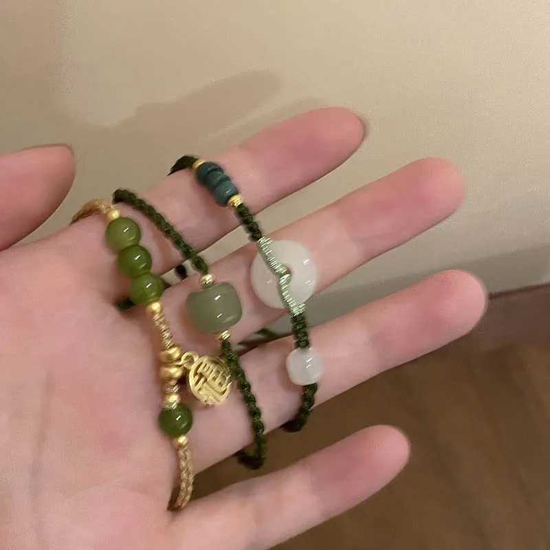 New Chinese Style Hetian Jade Pearl Bracelet Womens Retro Simple Woven Rope Adjustable Charm Bracelet Jewelry Gift W241231