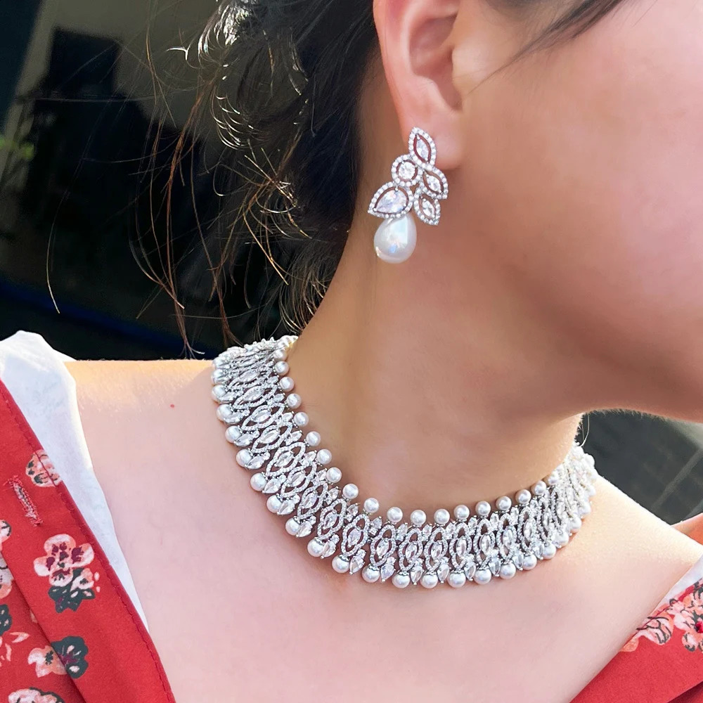 CWWZircons White Cubic Zirconia Big Choker Pearl Necklace and Earrings Wedding Bridal Party Jewelry Sets for Women T735 241231