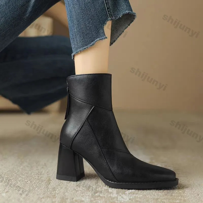 Woman Chunky Ankle Boots Women Zipper Retro Brown Soft Leather Short Boot Autumn Square Toe Casual High Heel Booties Mujer 241231