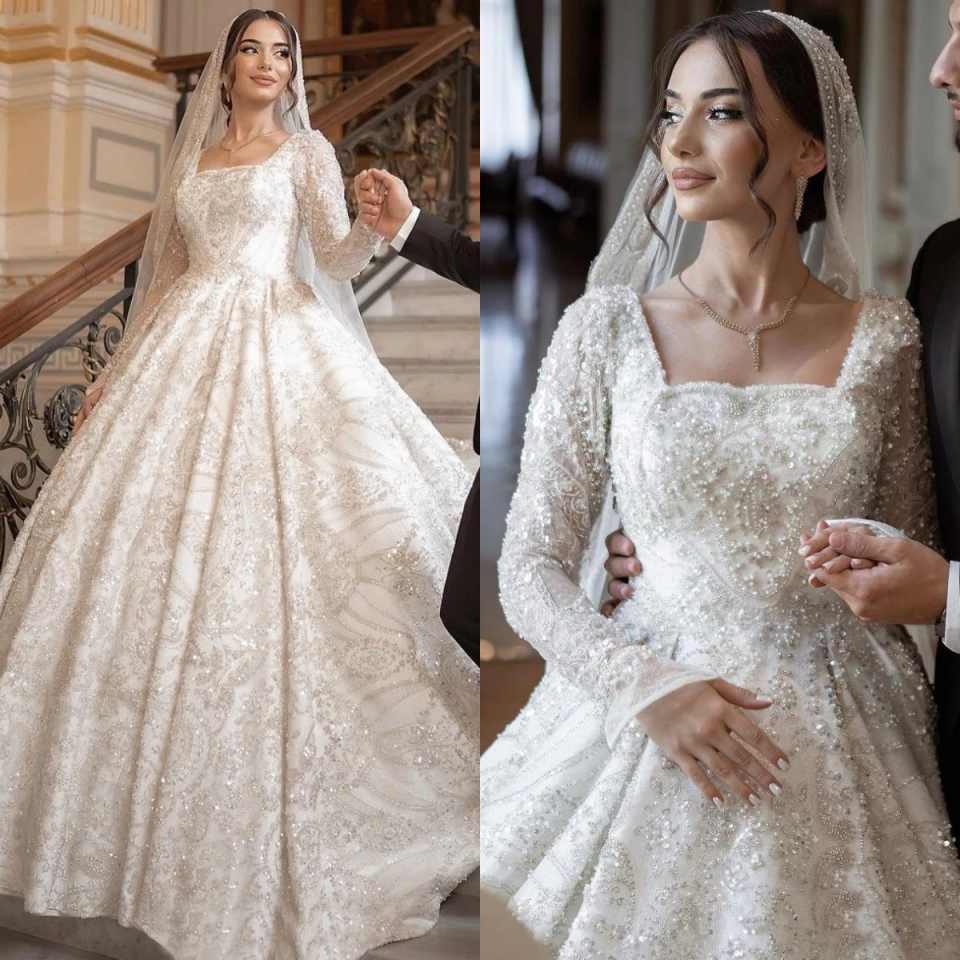 Exquisite Ball Gowns Beading Pearls Sequins Square Neck Wedding Dress Lace Sequined Pleats Sweep Train Customized Bridal Dresses