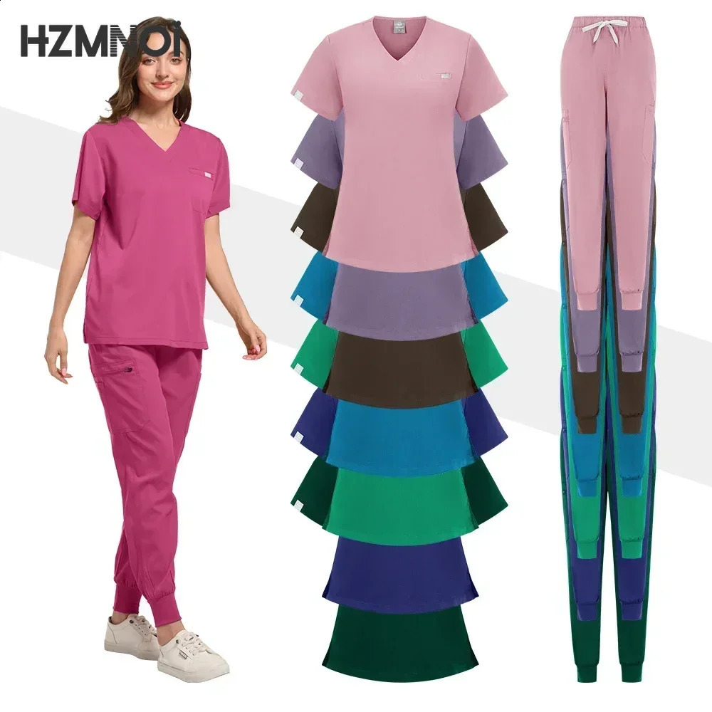 High Quality Nursing Scrubs Women Uniforms Pet Grooming Scrub Set Short Sleeved V-neck Top and Pants Surgery Work Clothes 241230