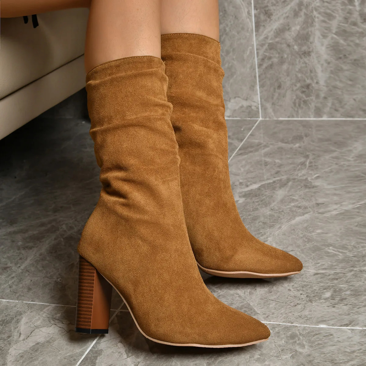 Boots Women Cowboy Heels Western Chunky Shoes Leather Knee High Long Elegant Plus Size 42 43 Rock Pole Dance Brown 241231