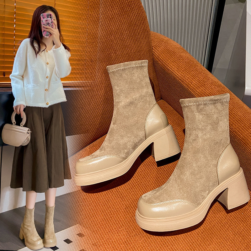 For Ddmywed Martin Women Autumn And Winter New Style Square Toe Thick Heel Short Small Single Boots Internet Famous Elastic Slim Chinese Brand Shoes F
