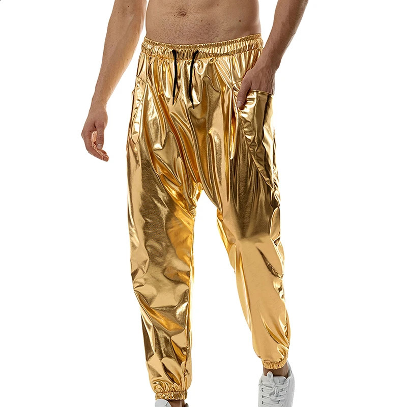 Mens Metallic Joggers Pants Shiny Drawstring Elastic Waist Solid Color Athletic Workout Sweatpants with Pockets Long Trousers 241230