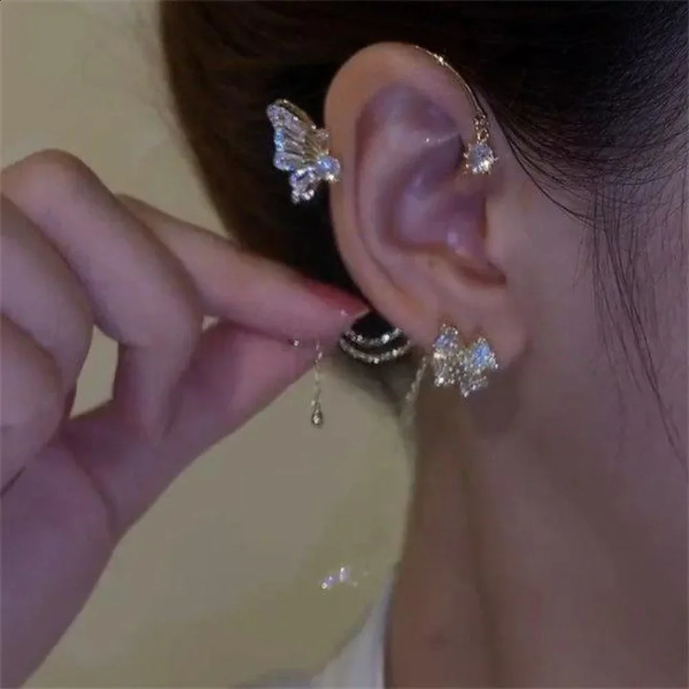 Shiny Zircon Butterfly Ear Cuff Gold Color Tassel Clip Earrings for Women Korean Copper Earring Without Piercing Fashion Jewelry 241225