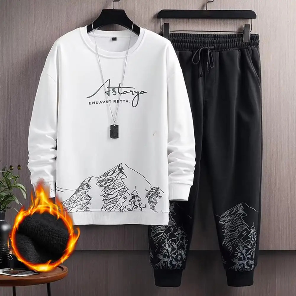 1 Set Men Tracksuit Plush Skin-touch Keep Warm Ribbed Cuff Sweatshirt Lace-up Sweatpants Men Sweatsuit Set Men Clothing 241224