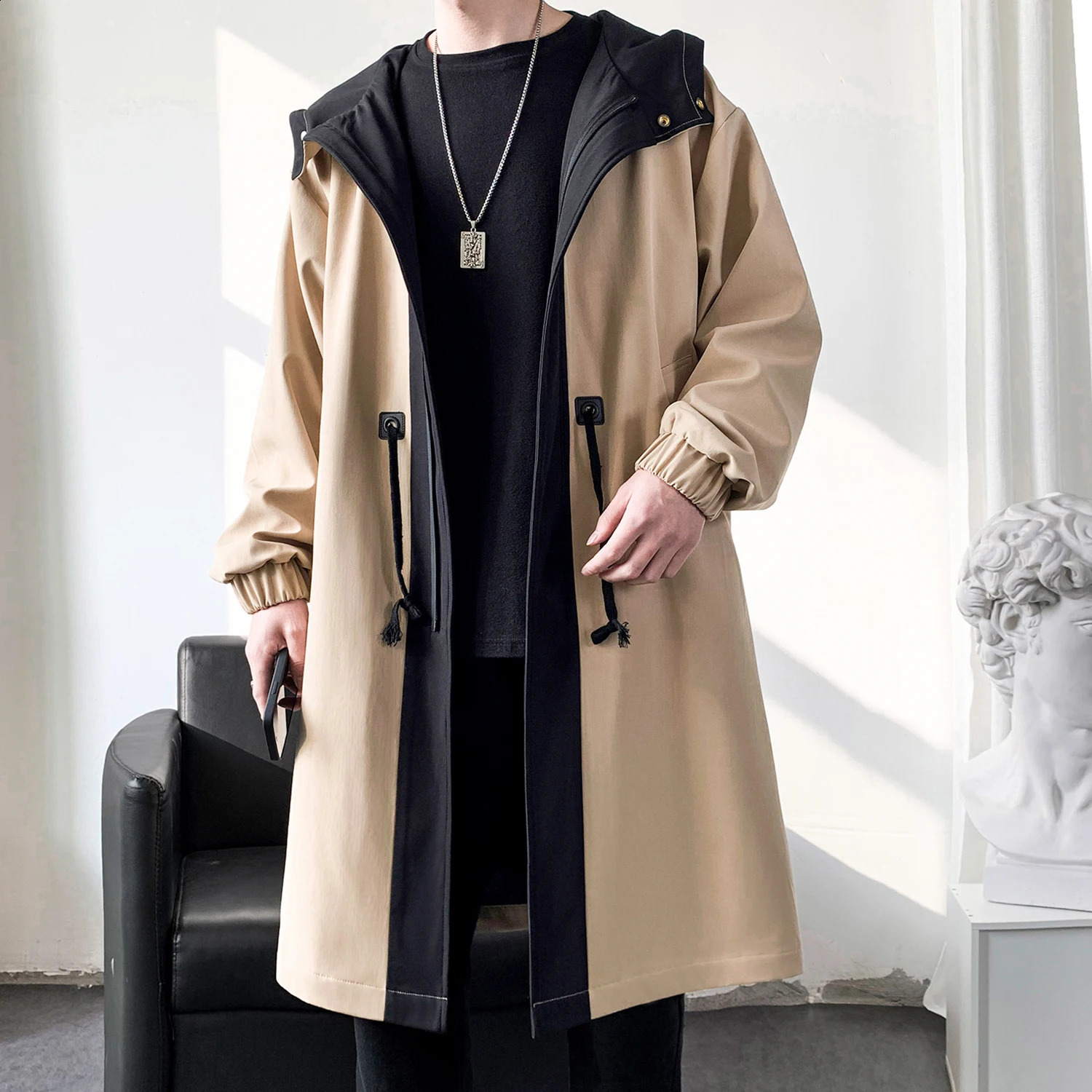 Mens Long Windbreaker Hooded Trench Coat Contrasting Loose Oversized Jacket Patchwork Casual Top Zipper Waistband Male Clothing 241228