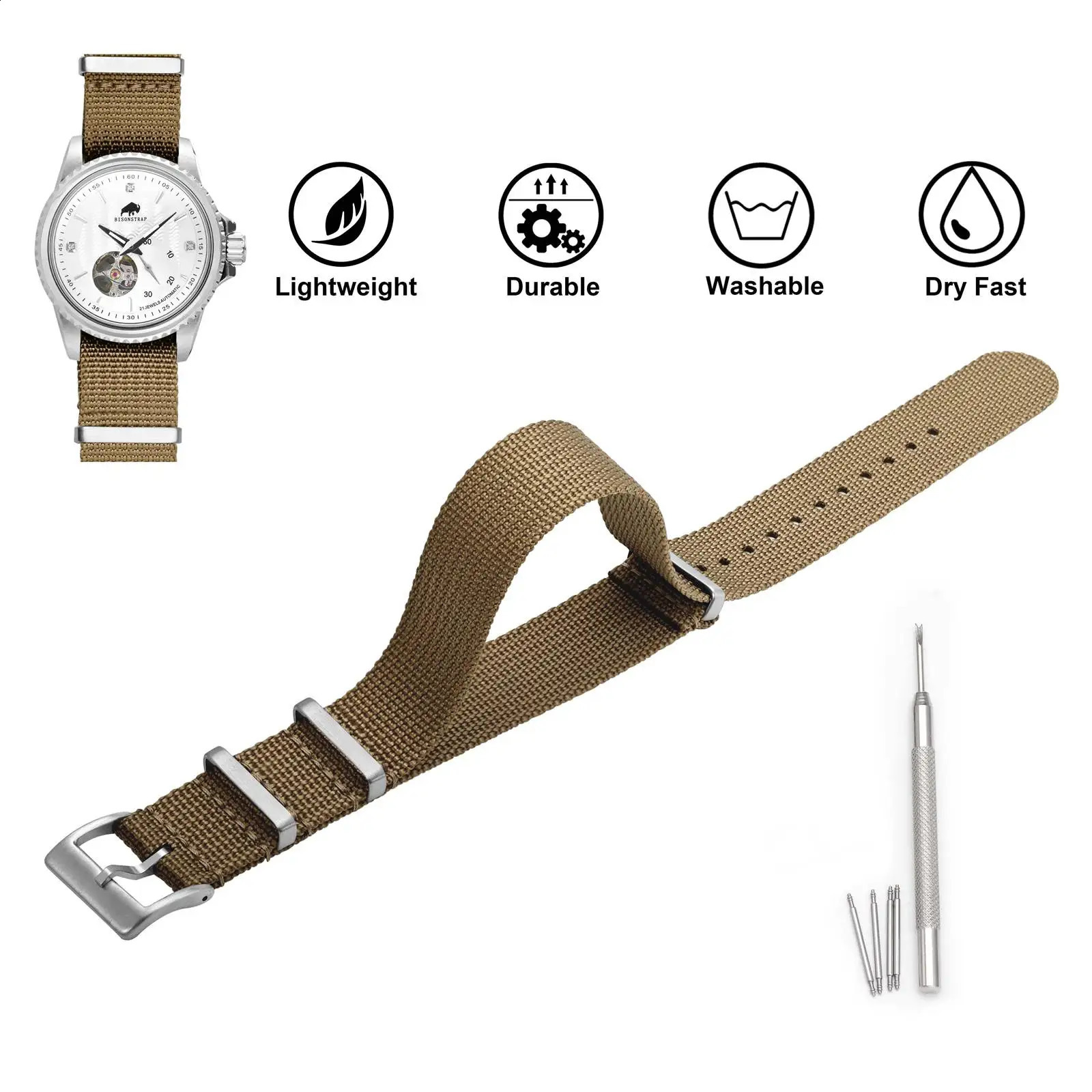 BISONSTRAP Mens Watch Strap 18mm 20mm 22mm One Pieces Nylon Strap Adjustable and Replacement Watch accessories Silver Buckle 241230